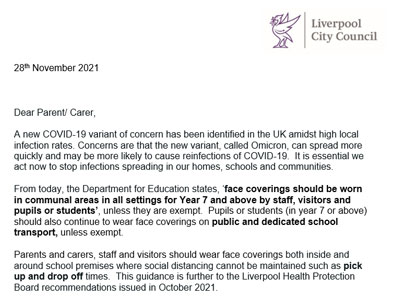 Letter from the Directors of Public Health and Education in Liverpool relating to actions to reduce the spread of Covid-19